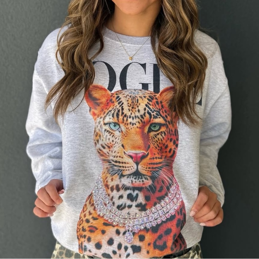 Gray Leopard Graphic Sweatshirt with Jewel Embellishments